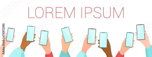 Banner with several hands holding smartphones with blank screens. Group work with smartphones. Exchange of numbers, communication on social networks.