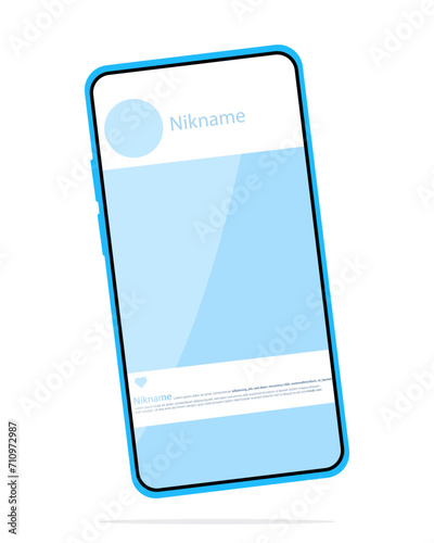 Blue smartphone in flat style with social network template on the screen. Phone on a white background. Flat illustration of the concept of communication on the Internet, addiction to social networks