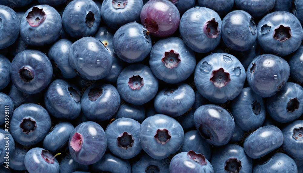 Dewy purple blueberries on a blue background - obrazy, fototapety, plakaty 