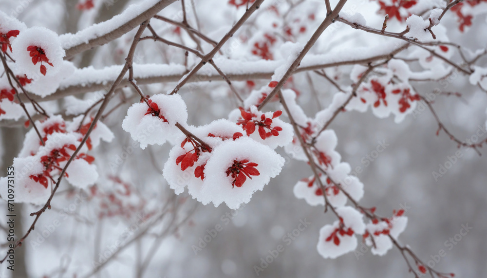 Beautiful Snow-Covered Maple Tree Branches in Nature