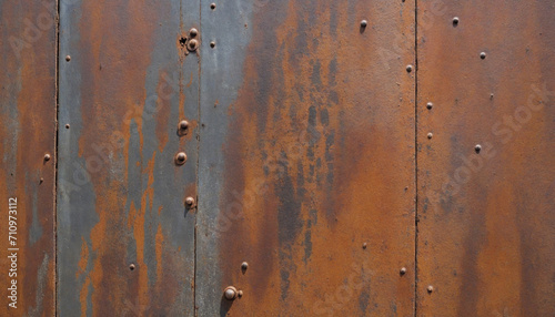 Weathered metal surface with scratches, stains, rivets, and seams on textured iron backdrop.