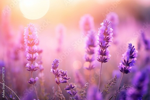Vibrant lavender flowers against soft blurred backdrop. Serene morning scene. Generative AI © Endellion
