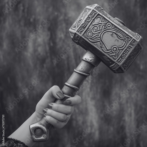 Girl holding a viking hammer. photo