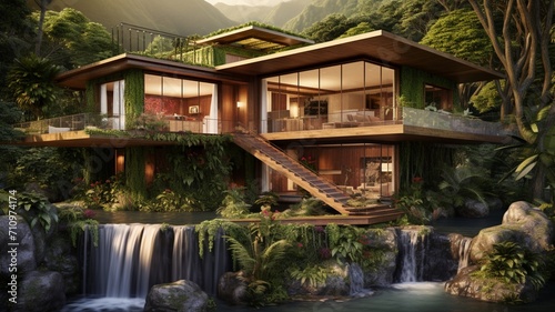 A modernist jungle house with a hanging bridge entrance, embodying a perfect fusion of contemporary design and natural splendor -Generative Ai