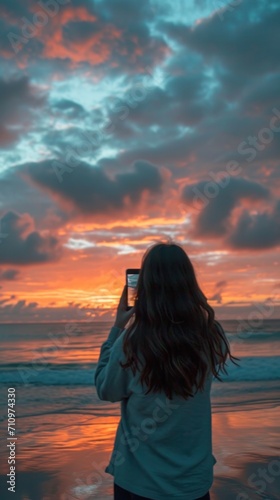 a woman is taking a picture from the beach