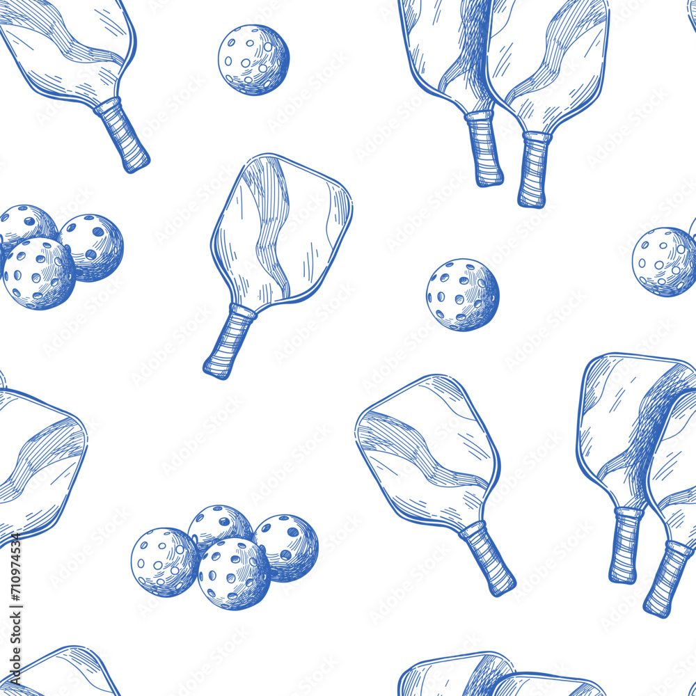 Vector seamless pattern with pickleball equipment. Background with balls and rackets.