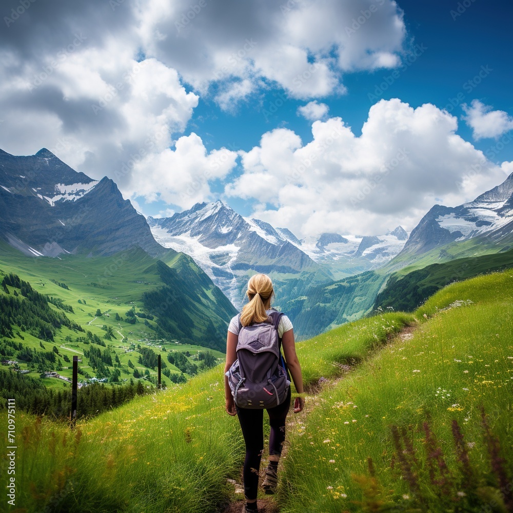 woman hiking in the Swiss Alps on a sunny day