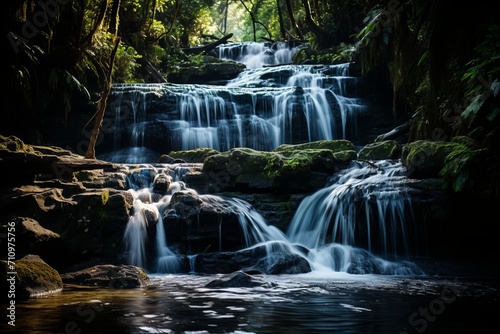 Tropical paradise clear waterfalls, vibrant birds, and blooming flowers under sunny skies