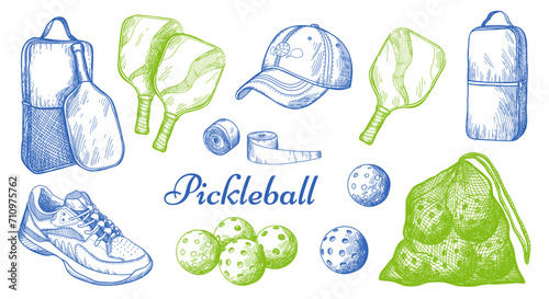 Vector sport illustration with Pickleball equipment. Balls, rackets, bag, sneaker, cap.