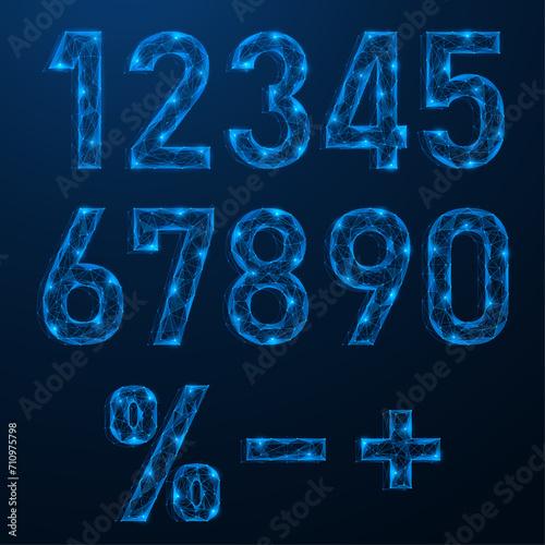 Digital numbers and symbols.  Polygonal design of lines of points. Blue background.