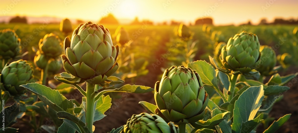Fototapeta premium Vibrant artichokes flourishing on a bountiful open plantation during a radiant summer day.