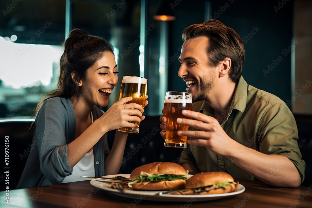 Laughing couple toasting beer mugs in a restaurant