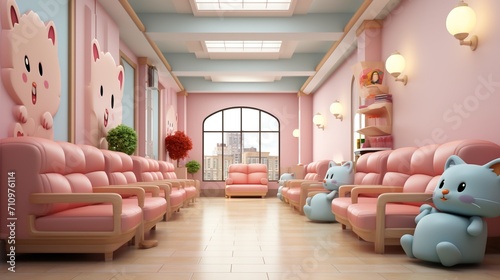 A Cute Waiting Room With Pink Sofas And Cat Decorations