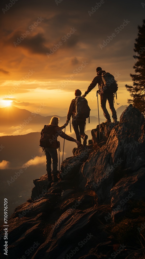 Three hikers helping each other climb a mountain at sunset