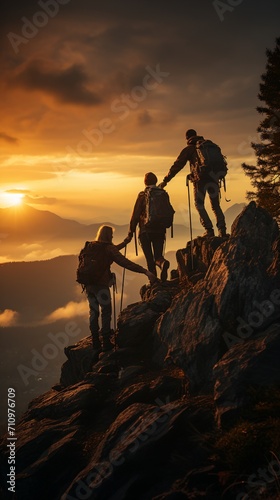 Three hikers helping each other climb a mountain at sunset