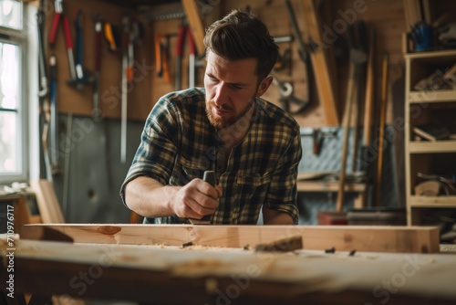 Skilled Carpenter Craftsman Working on Wood in Workshop. Generative AI.
