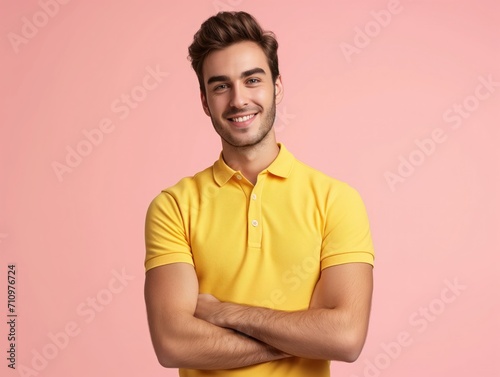 Confident Young Man in Yellow Polo Shirt. Generative AI. © Tuyres