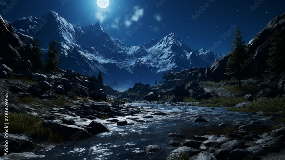 A moonlit alpine valley, with meandering streams and wildflowers, framed by towering peaks in the moonlit night -Generative Ai A moonlit alpine valley, with meandering streams and wildflowers, framed by towering peaks in the moonlit night -Generative Ai