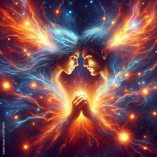 Twin flame couple. Soulmates. The concept of magical, esoteric, tantric, spiritual love. Connection between souls. Illustration for websites and much more. Created using generative ai tools.