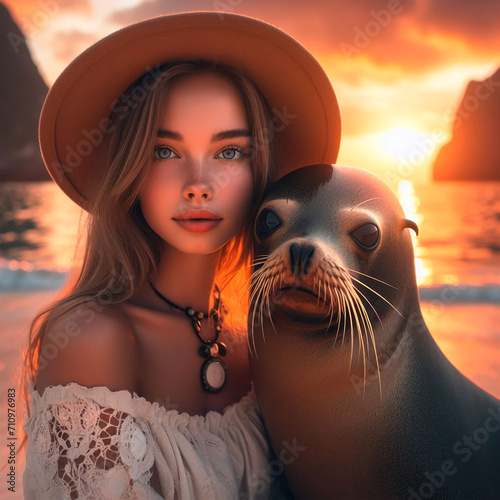 sea girl and fur seal