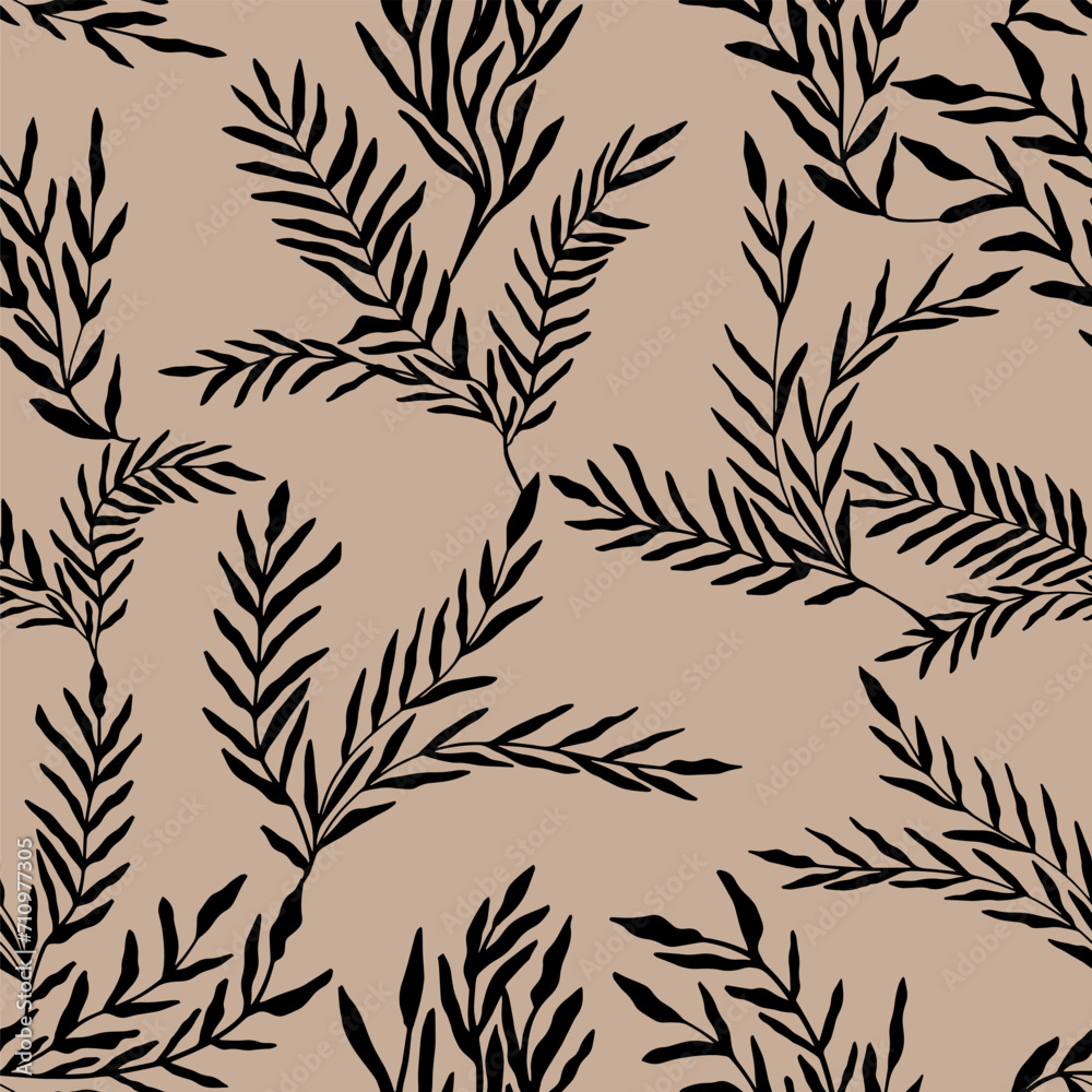 Abstract leaves seamless pattern. Hand drawn black plants. Vector foliage silhouettes. Natural organic ornament. Abstract leaves seamless pattern. Hand drawn black plants. Vector foliage silhouettes. Natural organic ornament.