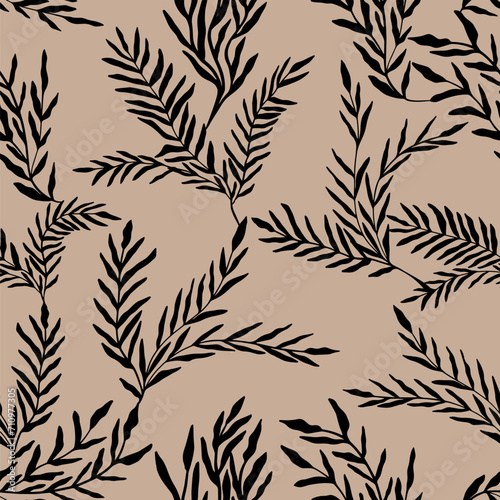 Abstract leaves seamless pattern. Hand drawn black plants. Vector foliage silhouettes. Natural organic ornament.