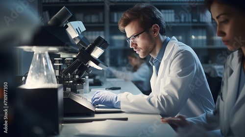 A laboratory scene featuring a young scientist utilizing a microscope