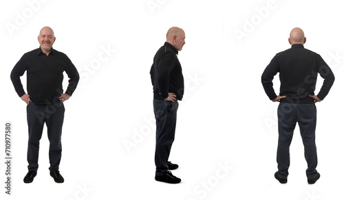 front side and back view of same men arms akimbo on white background photo