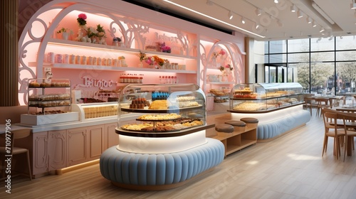 Pink and blue pastel bakery interior with cakes and pastries photo