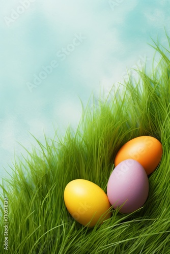 Easter eggs on green grass over blue sky background. copy space