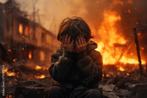 a little boy is crying covering his face with his hands against the backdrop of a war explosion. photo
