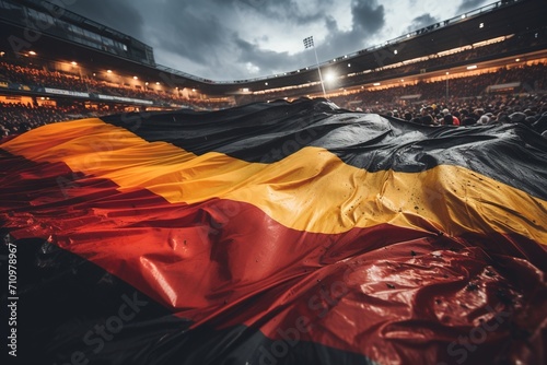 A large Belgian flag being waved at a football stadium photo