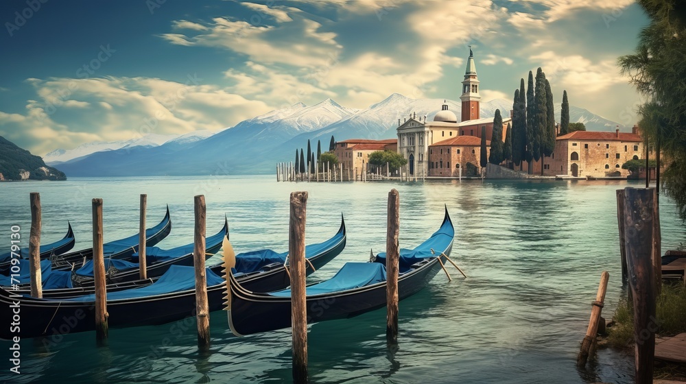 A vintage landscape that features gondolas