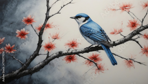 Beautiful blue bird on a flowering branch