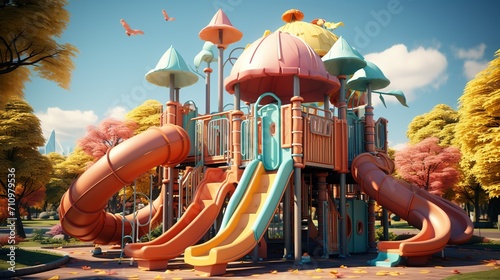 Colorful playground in autumn park with two orange birds flying in the sky