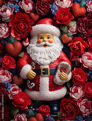 Santa Claus figurine surrounded by red and pink roses