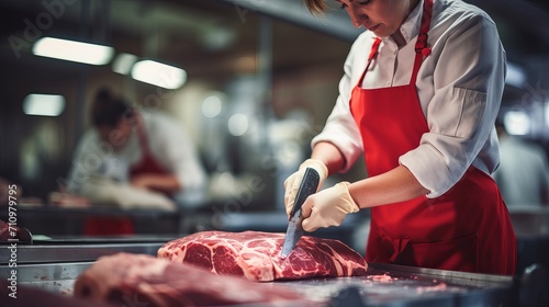 Fresh meat is being cut by a woman in a butcher shop using a metal safety mesh glove. photo
