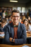 Confident male teacher standing in classroom of students