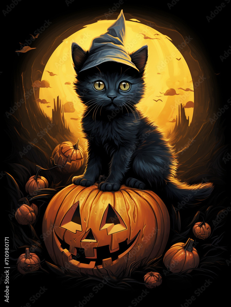a realistic illustration of a tiny black kitten sitting on a giant pumpkin while wearing a huge black witch hat created with Generative Ai a realistic illustration of a tiny black kitten sitting on a giant pumpkin while wearing a huge black witch hat created with Generative Ai