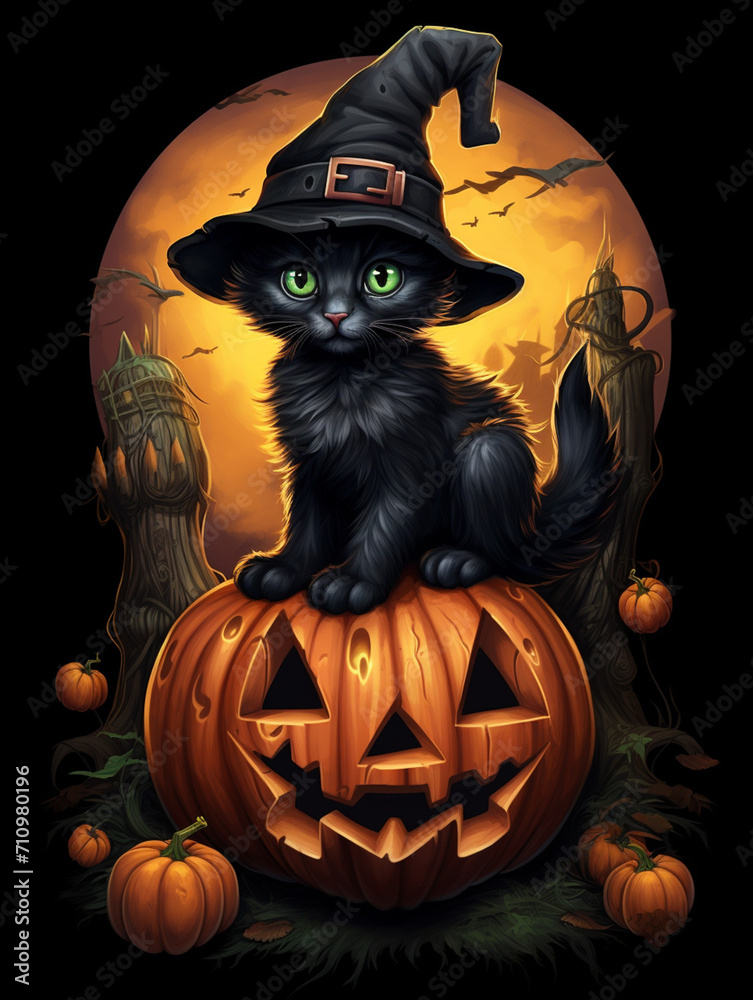 a realistic illustration of a tiny black kitten sitting on a giant pumpkin while wearing a huge black witch hat created with Generative Ai a realistic illustration of a tiny black kitten sitting on a giant pumpkin while wearing a huge black witch hat created with Generative Ai