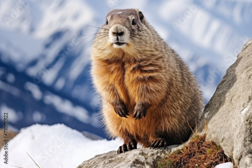 Close-up marmot perched on snowy mountain rock.Groundhog Day. World Wildlife Day