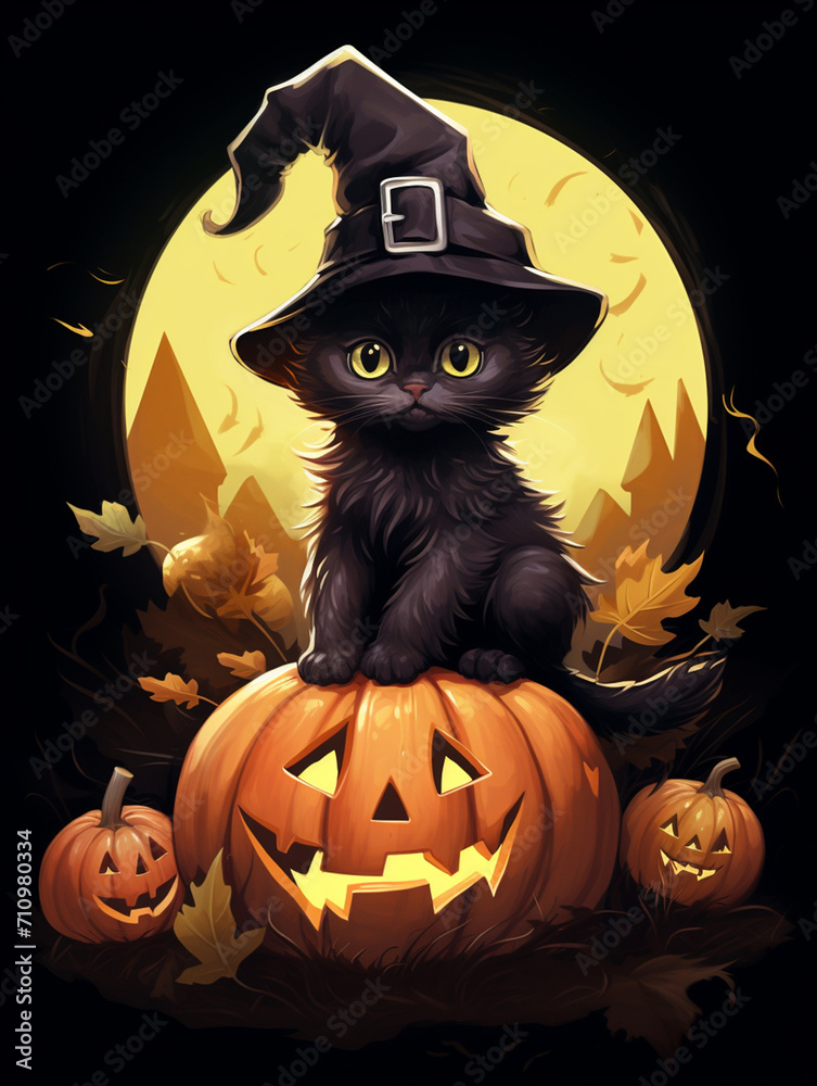 a realistic illustration of a tiny black kitten sitting on a giant pumpkin while wearing a huge black witch hat created with Generative Ai a realistic illustration of a tiny black kitten sitting on a giant pumpkin while wearing a huge black witch hat created with Generative Ai