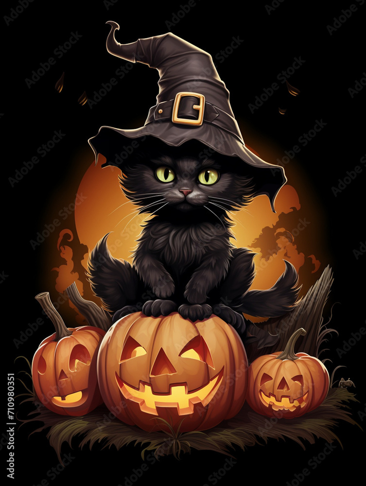 a realistic illustration of a tiny black kitten sitting on a giant pumpkin while wearing a huge black witch hat created with Generative Ai a realistic illustration of a tiny black kitten sitting on a giant pumpkin while wearing a huge black witch hat created with Generative Ai