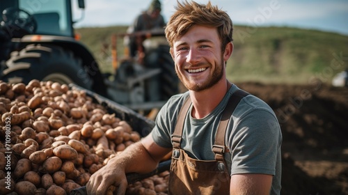 Happy farmer with a bountiful harvest of potatoes
