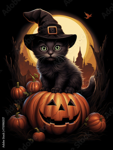 a realistic illustration of a tiny black kitten sitting on a giant pumpkin while wearing a huge black witch hat created with Generative Ai