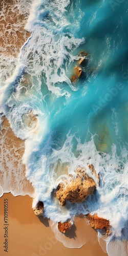 Aerial view of a beach with turquoise water,