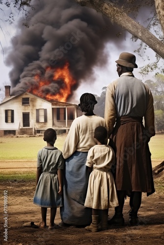 African American family watches their home burn