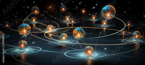 Atomic nucleus with orbiting electrons   illustrating atom s structure and interactions photo