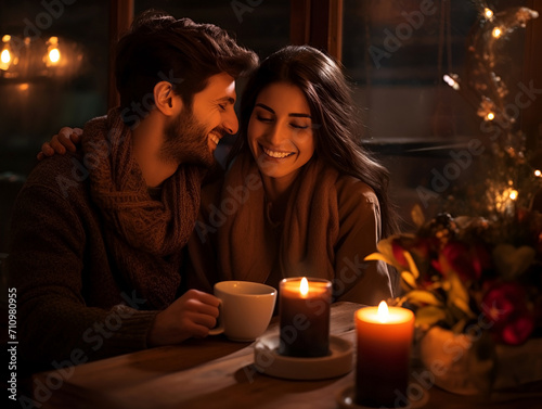 A close-up shot of a happy couple enjoying a romantic dinner in a candlelit restaurant