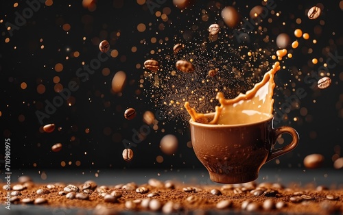 Cup of coffee in the air with coffee splashes photo